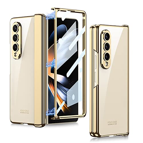 PUROOM for Samsung Galaxy Z Fold 4 Case Hinge Protection Ultra Thin Transparent Plating PC Crystal Cover Front Glass Magnetic All-Inclusive Case (Gold with Hinge)