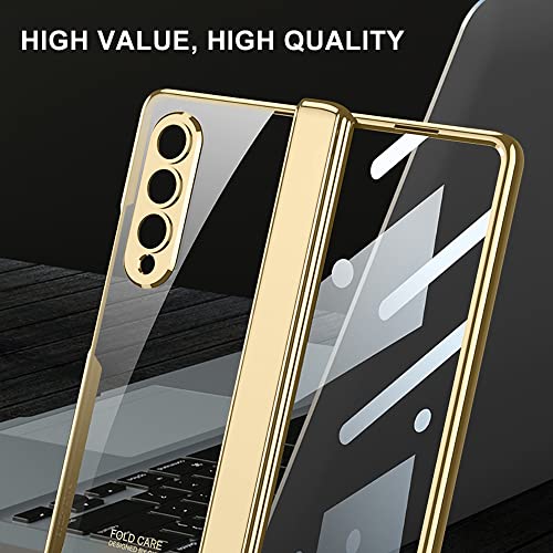 PUROOM for Samsung Galaxy Z Fold 4 Case Hinge Protection Ultra Thin Transparent Plating PC Crystal Cover Front Glass Magnetic All-Inclusive Case (Gold with Hinge)