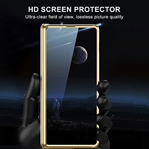 PUROOM for Samsung Galaxy Z Fold 4 Case Hinge Protection Ultra Thin Transparent Plating PC Crystal Cover Front Glass Magnetic All-Inclusive Case (Gold with Hinge)