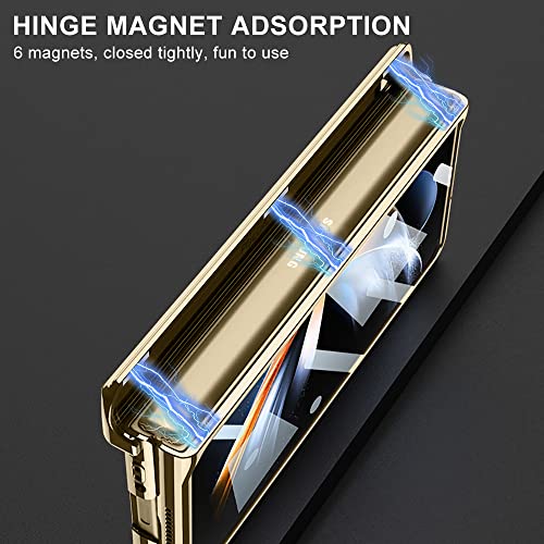 PUROOM for Samsung Galaxy Z Fold 4 Case Hinge Protection Ultra Thin Transparent Plating PC Crystal Cover Front Glass Magnetic All-Inclusive Case (Gold with Hinge)