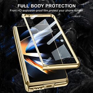 PUROOM for Samsung Galaxy Z Fold 4 Case Hinge Protection Ultra Thin Transparent Plating PC Crystal Cover Front Glass Magnetic All-Inclusive Case (Gold with Hinge)