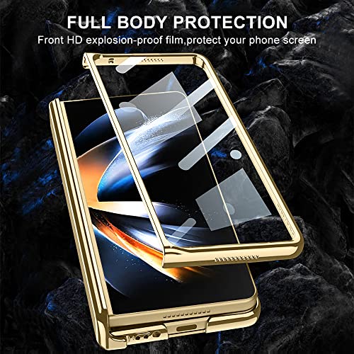 PUROOM for Samsung Galaxy Z Fold 4 Case Hinge Protection Ultra Thin Transparent Plating PC Crystal Cover Front Glass Magnetic All-Inclusive Case (Gold with Hinge)