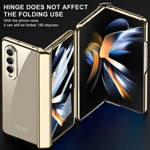 PUROOM for Samsung Galaxy Z Fold 4 Case Hinge Protection Ultra Thin Transparent Plating PC Crystal Cover Front Glass Magnetic All-Inclusive Case (Gold with Hinge)