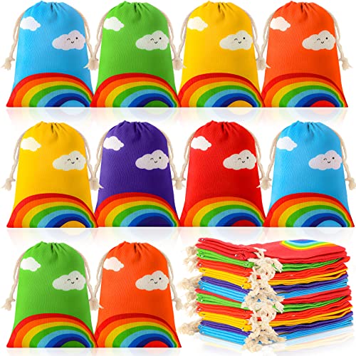 24 Pcs Rainbow Gift Bags with Drawstring Party Favor Bag Birthday Supplies Candy Goodie Treat Bag for Birthday Baby Shower Wedding (5 x 7 Inch)