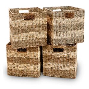 Foldable Hand-woven Wicker Cube Storage Bins, Collapsible Wicker Storage Cubes, Natural Palm Fiber & Seagrass Storage Baskets, Chi An Home Cubes Organizer with Handles, 4 Pack - 11.8" x 11.8" x 11.8"