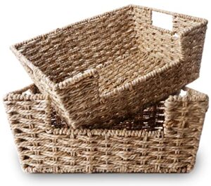 seagrass wicker storage baskets with handles 13.8” x 11” x 5.5”, 2-pack, large storage baskets for shelf organizing, rectangular pantry organizer basket bins, chi an home woven baskets for storage…
