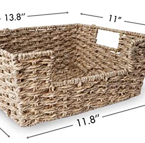 Seagrass Wicker Storage Baskets with Handles 13.8” x 11” x 5.5”, 2-Pack, Large Storage Baskets for Shelf Organizing, Rectangular Pantry Organizer Basket Bins, Chi An Home Woven Baskets for Storage…