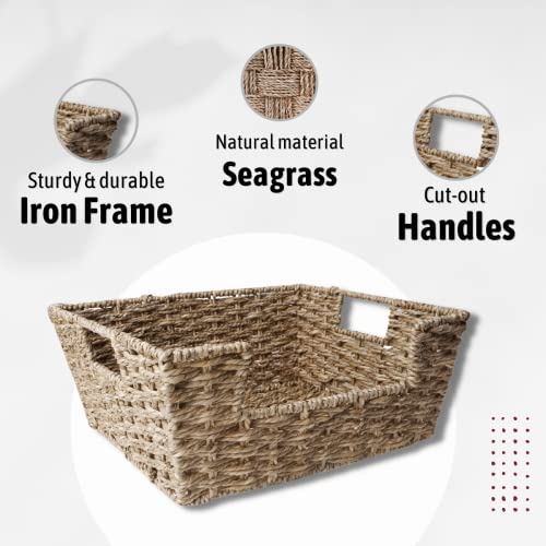 Seagrass Wicker Storage Baskets with Handles 13.8” x 11” x 5.5”, 2-Pack, Large Storage Baskets for Shelf Organizing, Rectangular Pantry Organizer Basket Bins, Chi An Home Woven Baskets for Storage…