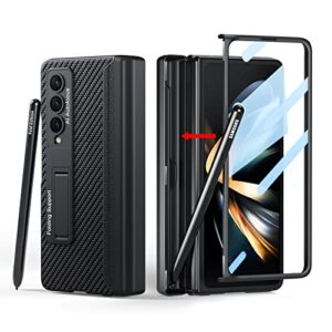 libeagle compatible with samsung galaxy z fold 4 case, built in hidden s pen holder to avoid pen lost, leather on back, screen protector, hinge protection, wireless charging cover 5g 2022-carbon fiber
