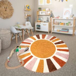 LIVEBOX Retro Sun Round Rug 5.2ft, for Entryway, Non-Slip Cute Colorful Kids Circle Boho Carpet for Bedroom,Nursery Washable Throw Area Rug for Living Room Office