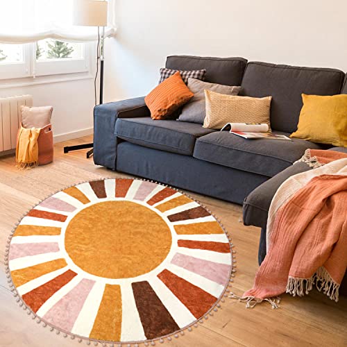 LIVEBOX Retro Sun Round Rug 5.2ft, for Entryway, Non-Slip Cute Colorful Kids Circle Boho Carpet for Bedroom,Nursery Washable Throw Area Rug for Living Room Office