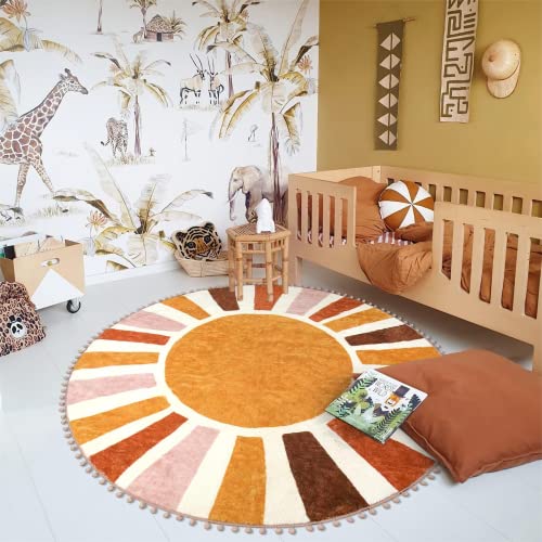 LIVEBOX Retro Sun Round Rug 5.2ft, for Entryway, Non-Slip Cute Colorful Kids Circle Boho Carpet for Bedroom,Nursery Washable Throw Area Rug for Living Room Office