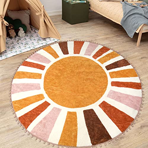 LIVEBOX Retro Sun Round Rug 5.2ft, for Entryway, Non-Slip Cute Colorful Kids Circle Boho Carpet for Bedroom,Nursery Washable Throw Area Rug for Living Room Office