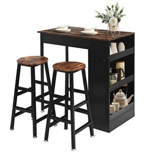 costway 3 pieces bar table and chairs set, counter height dining table with 2 bar stools and 3 shelves, industrial pub kitchen table set for living room, restaurant, bar, brown