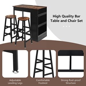 COSTWAY 3 Pieces Bar Table and Chairs Set, Counter Height Dining Table with 2 Bar Stools and 3 Shelves, Industrial Pub Kitchen Table Set for Living Room, Restaurant, Bar, Brown