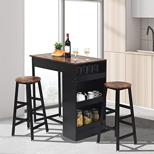 COSTWAY 3 Pieces Bar Table and Chairs Set, Counter Height Dining Table with 2 Bar Stools and 3 Shelves, Industrial Pub Kitchen Table Set for Living Room, Restaurant, Bar, Brown