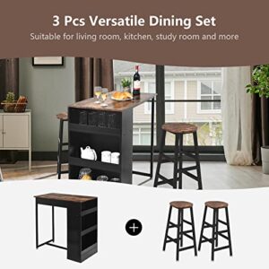 COSTWAY 3 Pieces Bar Table and Chairs Set, Counter Height Dining Table with 2 Bar Stools and 3 Shelves, Industrial Pub Kitchen Table Set for Living Room, Restaurant, Bar, Brown