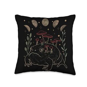 cottagecore and goblincore aesthetics designs dark academia moon witchy goblincore aesthetic frog throw pillow, 16x16, multicolor