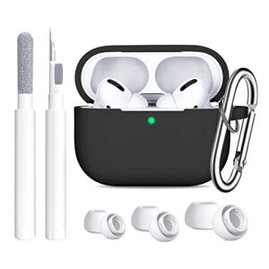 supfine airpod pro case cover with keychain, soft protective silicone airpods pro case with airpod cleaner kit & replacement ear tips (s/m/l), black