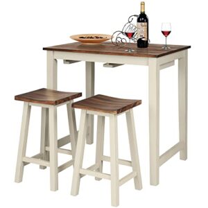 costway 3 pieces dining set, counter height pub table set with 2 saddle stools, industrial wood breakfast table set for bar, kitchen, living room, restaurant