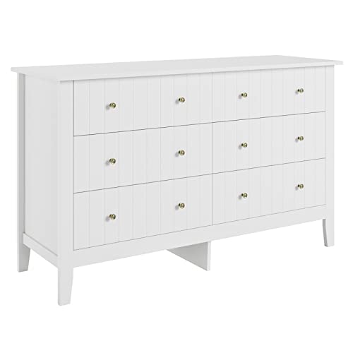 FOTOSOK White Dresser, Chest of Drawers, Modern 6 Drawer Double Dresser with Deep Drawers, Wide Storage Organizer Cabinet for Living Room, Hallway