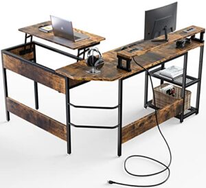 computer desk with power outlet and lift top, 55" l shaped gaming desk, dorpu corner desk with monitor shelf and usb port, l shape standing desk adjustable sit to stand desk with shelves, rustic brown
