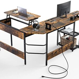 Computer Desk with Power Outlet and Lift Top, 55" L Shaped Gaming Desk, DORPU Corner Desk with Monitor Shelf and USB Port, L Shape Standing Desk Adjustable Sit to Stand Desk with Shelves, Rustic Brown