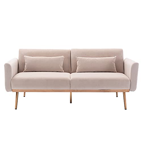 Accent Sofa Loveseat Mid Century Modern Velvet Sofa Couch with Pillows Metal Feet Loveseat Sofa Vintage for Small Space (Beige)