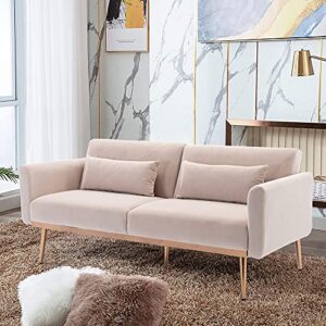 Accent Sofa Loveseat Mid Century Modern Velvet Sofa Couch with Pillows Metal Feet Loveseat Sofa Vintage for Small Space (Beige)