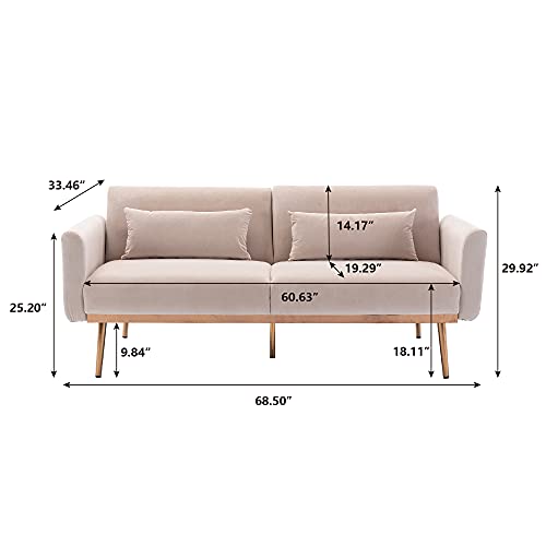 Accent Sofa Loveseat Mid Century Modern Velvet Sofa Couch with Pillows Metal Feet Loveseat Sofa Vintage for Small Space (Beige)