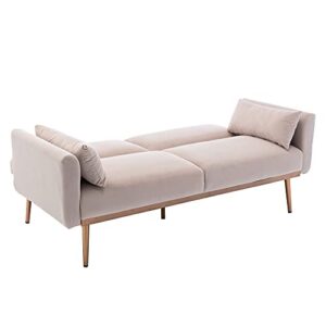 Accent Sofa Loveseat Mid Century Modern Velvet Sofa Couch with Pillows Metal Feet Loveseat Sofa Vintage for Small Space (Beige)