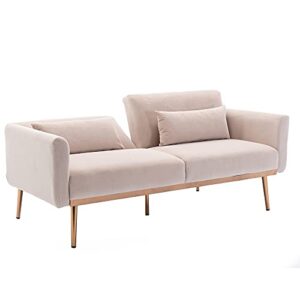 Accent Sofa Loveseat Mid Century Modern Velvet Sofa Couch with Pillows Metal Feet Loveseat Sofa Vintage for Small Space (Beige)