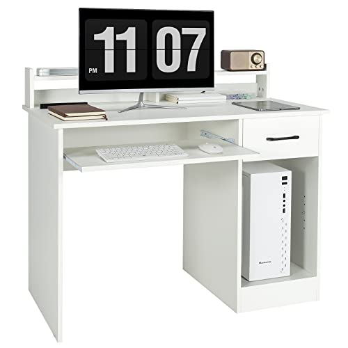 COSTWAY Computer Desk with Hutch, Home Office Desk with Drawer, Adjustable Shelf & Keyboard Tray, Study Writing Desk, Executive Workstation for Living Room, Bedroom & Study (White)