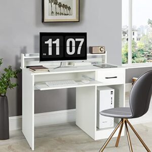 COSTWAY Computer Desk with Hutch, Home Office Desk with Drawer, Adjustable Shelf & Keyboard Tray, Study Writing Desk, Executive Workstation for Living Room, Bedroom & Study (White)