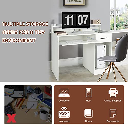 COSTWAY Computer Desk with Hutch, Home Office Desk with Drawer, Adjustable Shelf & Keyboard Tray, Study Writing Desk, Executive Workstation for Living Room, Bedroom & Study (White)