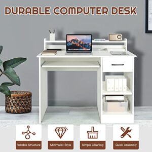 COSTWAY Computer Desk with Hutch, Home Office Desk with Drawer, Adjustable Shelf & Keyboard Tray, Study Writing Desk, Executive Workstation for Living Room, Bedroom & Study (White)
