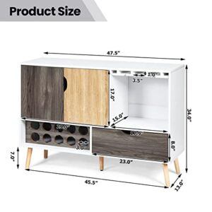 COSTWAY Buffet Sideboard, Coffee Bar Cabinet with 10-Bottle Wine Rack, Glass Holder, Door Cabinet & Drawer, 5 Solid Wood Leg Support, for Kitchen, Living Room