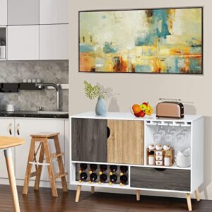 COSTWAY Buffet Sideboard, Coffee Bar Cabinet with 10-Bottle Wine Rack, Glass Holder, Door Cabinet & Drawer, 5 Solid Wood Leg Support, for Kitchen, Living Room