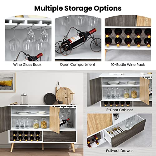 COSTWAY Buffet Sideboard, Coffee Bar Cabinet with 10-Bottle Wine Rack, Glass Holder, Door Cabinet & Drawer, 5 Solid Wood Leg Support, for Kitchen, Living Room