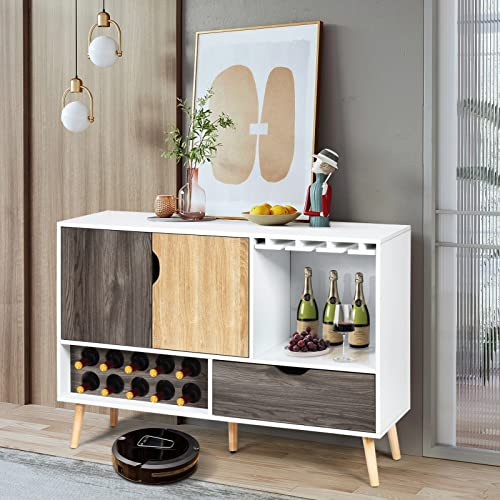 COSTWAY Buffet Sideboard, Coffee Bar Cabinet with 10-Bottle Wine Rack, Glass Holder, Door Cabinet & Drawer, 5 Solid Wood Leg Support, for Kitchen, Living Room