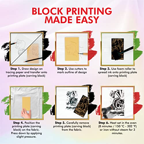 Marabu Block Printing Kit - Linocut Kit with 3 x 100ml Block Printing Ink, Cutter, Rubber Block, and Block Printing Brayer Roller - Linoleum Printmaking Kit, Block Printing Starter Kit - 6pc Set