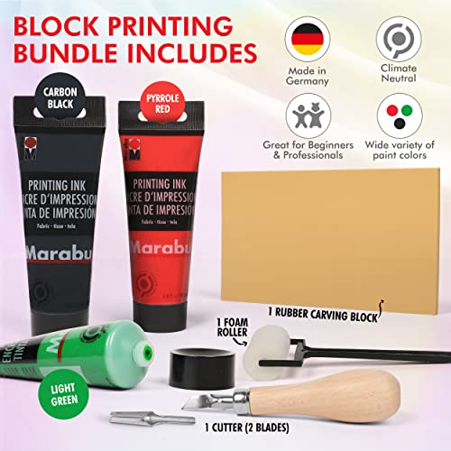 Marabu Block Printing Kit - Linocut Kit with 3 x 100ml Block Printing Ink, Cutter, Rubber Block, and Block Printing Brayer Roller - Linoleum Printmaking Kit, Block Printing Starter Kit - 6pc Set