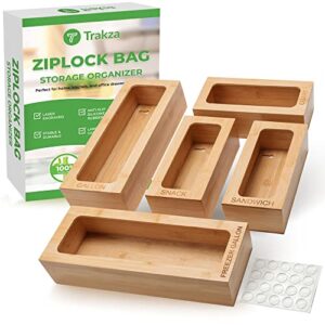 trakza bamboo ziplock bag organizer for drawer, kitchen storage bag organizer, 5 separate baggie organizer for drawer with non-slip feet and hanging holes, kitchen organization and storage