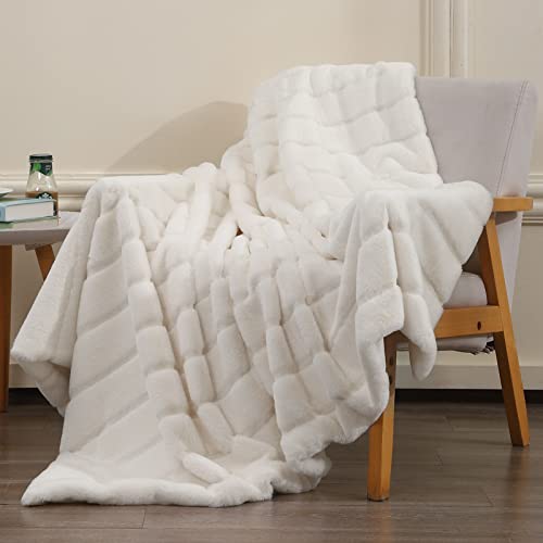 LuxenrelaX Striped Luxury Soft Faux Fur Blanket Throw Blanket for Bed, Ivory Furry Fluffy Throw Blankets for Couch, Sofa, Anti-Shedding Blanket- (50" x 60", Ivory)