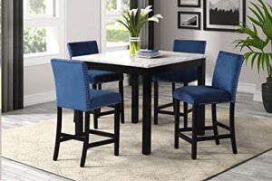 szubee 4 5-piece counter height set with one faux marble dining table and four upholstered-seat chairs for kitchen, blue