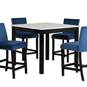 SZUBEE 4 5-Piece Counter Height Set with One Faux Marble Dining Table and Four Upholstered-Seat Chairs for Kitchen, Blue