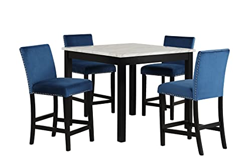 SZUBEE 4 5-Piece Counter Height Set with One Faux Marble Dining Table and Four Upholstered-Seat Chairs for Kitchen, Blue