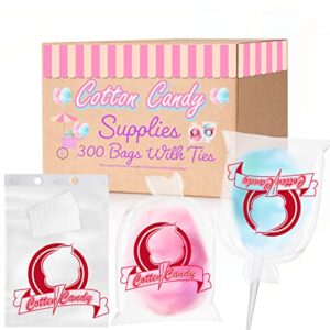 cotton candy bags, cotton candy supplies, cotton candy bags with ties, 11 1/2" x 18 1/2" printed, clear .80 mil plastic, paperboard header, easy tear off (300 bags)