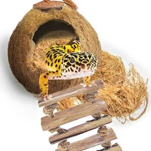 sungrow leopard gecko coconut husk hut with ladder and coco fiber bedding, with shell opening, 2.5” opening diameter, cave habitat with hanging loop, 1.5 oz fiber bedding