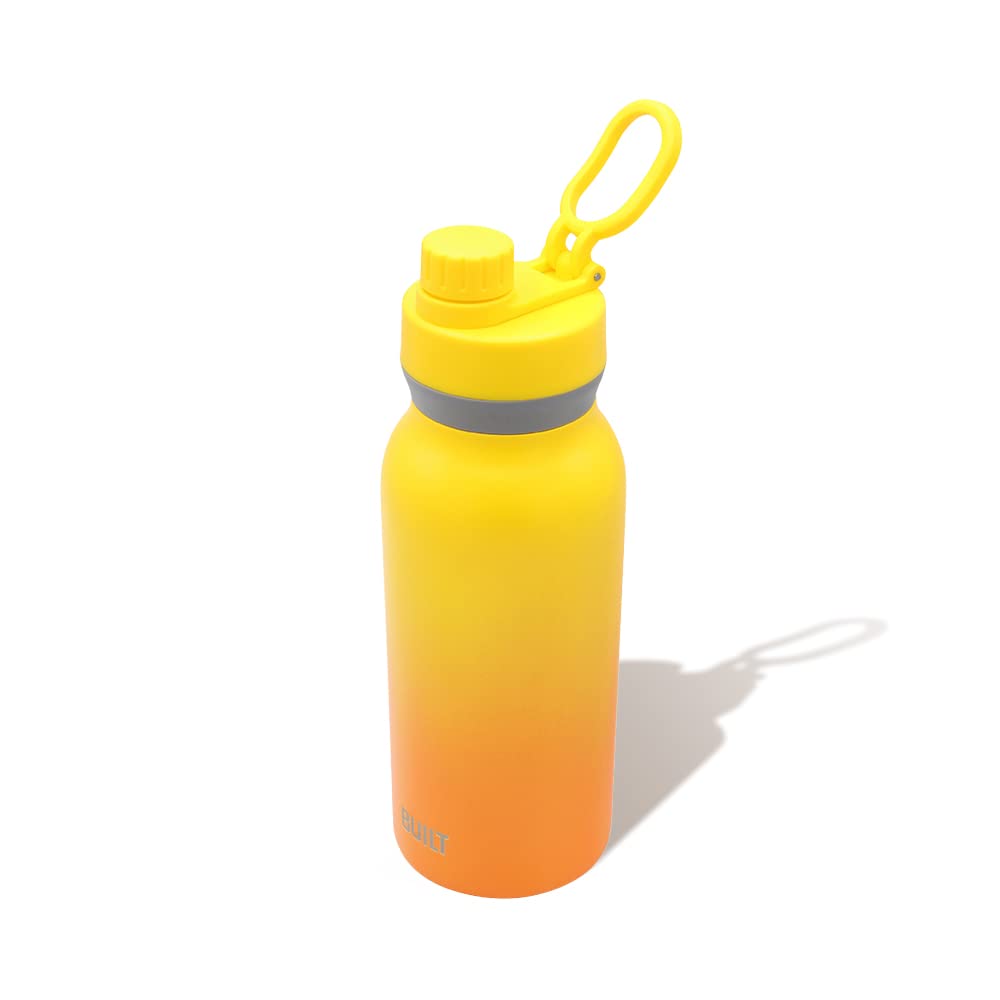 BUILT 32 Ounces Wide Mouth Cascade Double Wall Vacuum Insulated Stainless Steel Bottle with Chug Lid, Yellow and Orange Citrus Sunrise Ombre